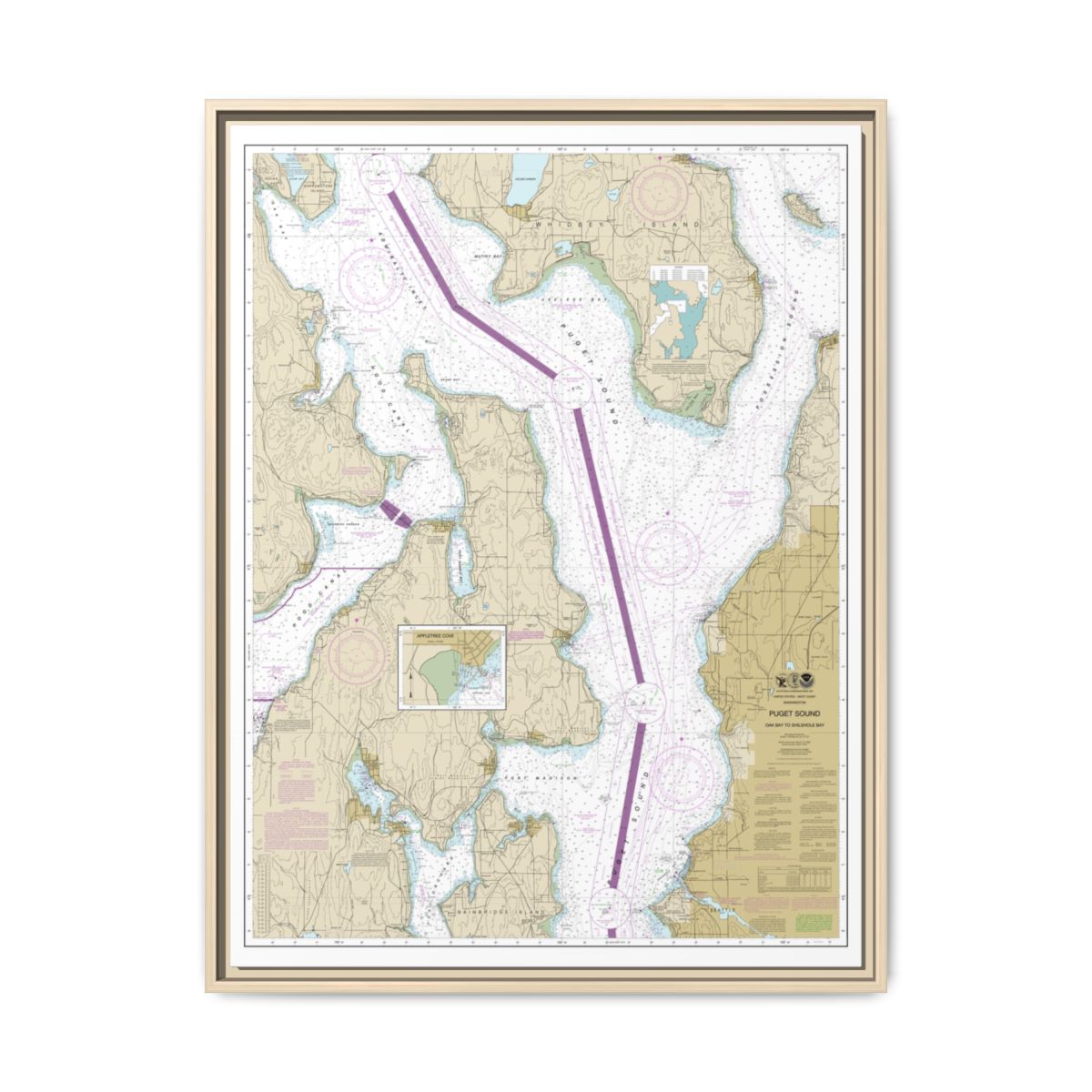 Chart 18473 Puget Sound-Oak Bay to Shilshole Bay - NOAA Nautical Chart Floating Frame Canvas | 24" x 32" | 30" x 40" - Natural front