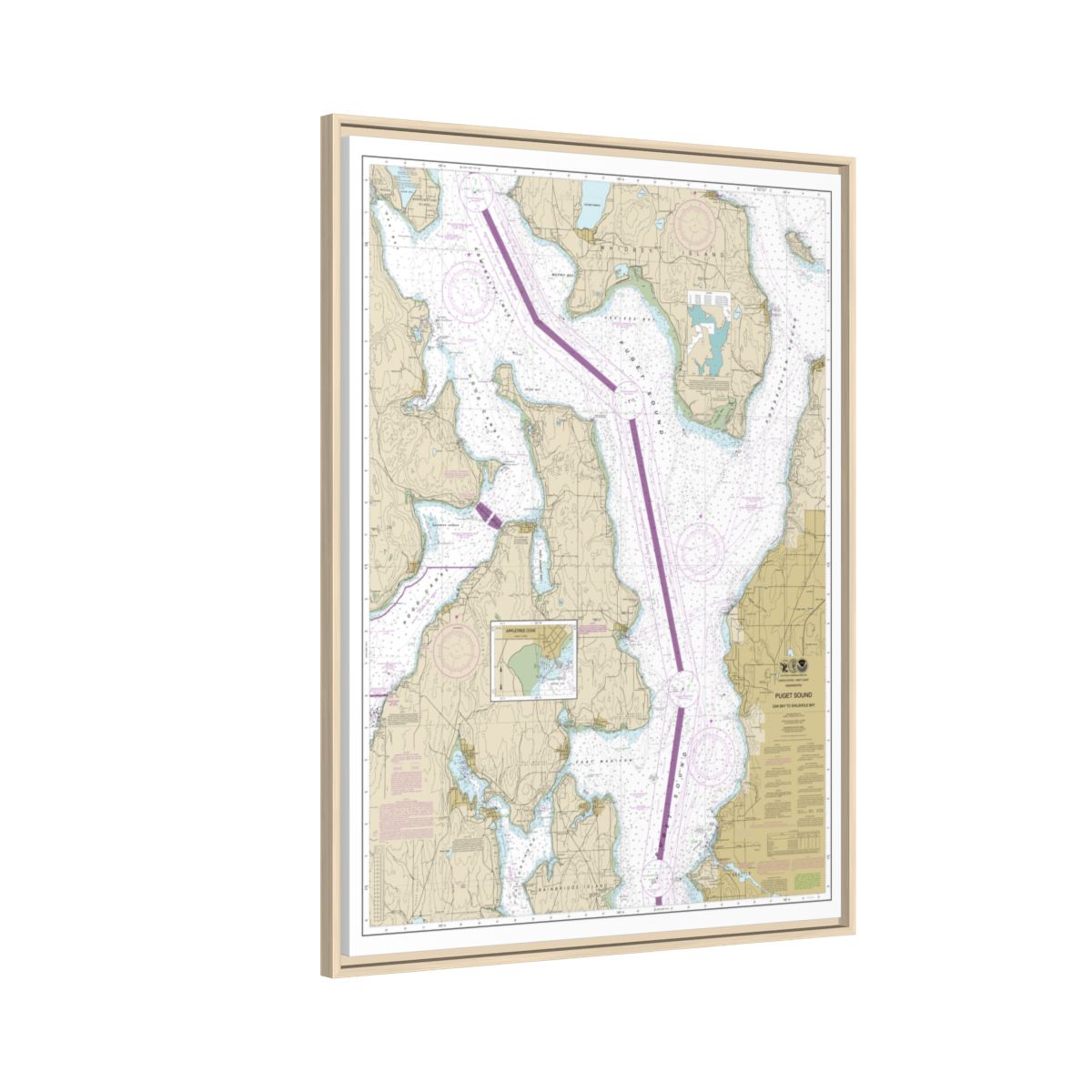 Chart 18473 Puget Sound-Oak Bay to Shilshole Bay - NOAA Nautical Chart Floating Frame Canvas | 24" x 32" | 30" x 40" - Natural side