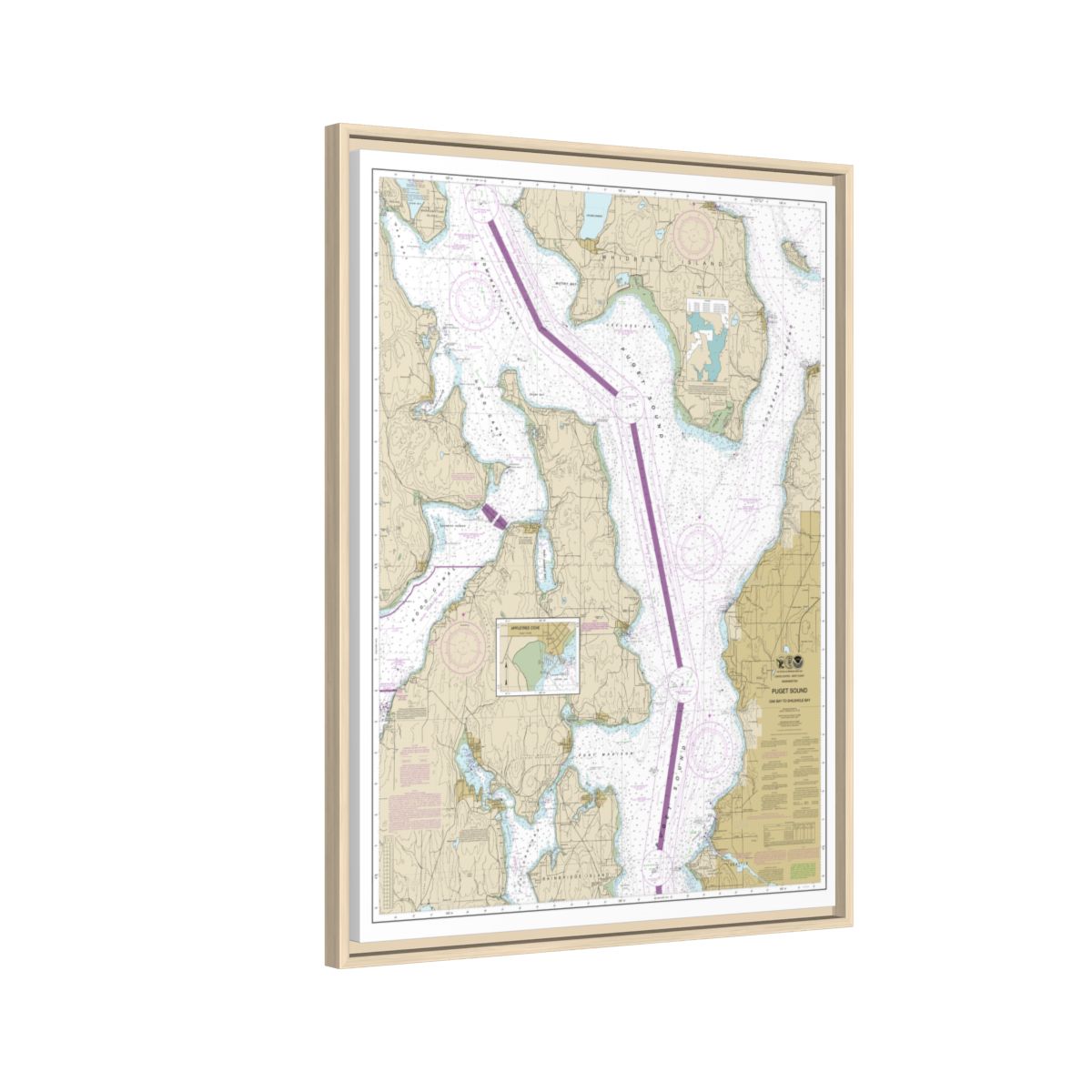 Chart 18473 Puget Sound-Oak Bay to Shilshole Bay - NOAA Nautical Chart Floating Frame Canvas | 24" x 32" | 30" x 40" - Natural side