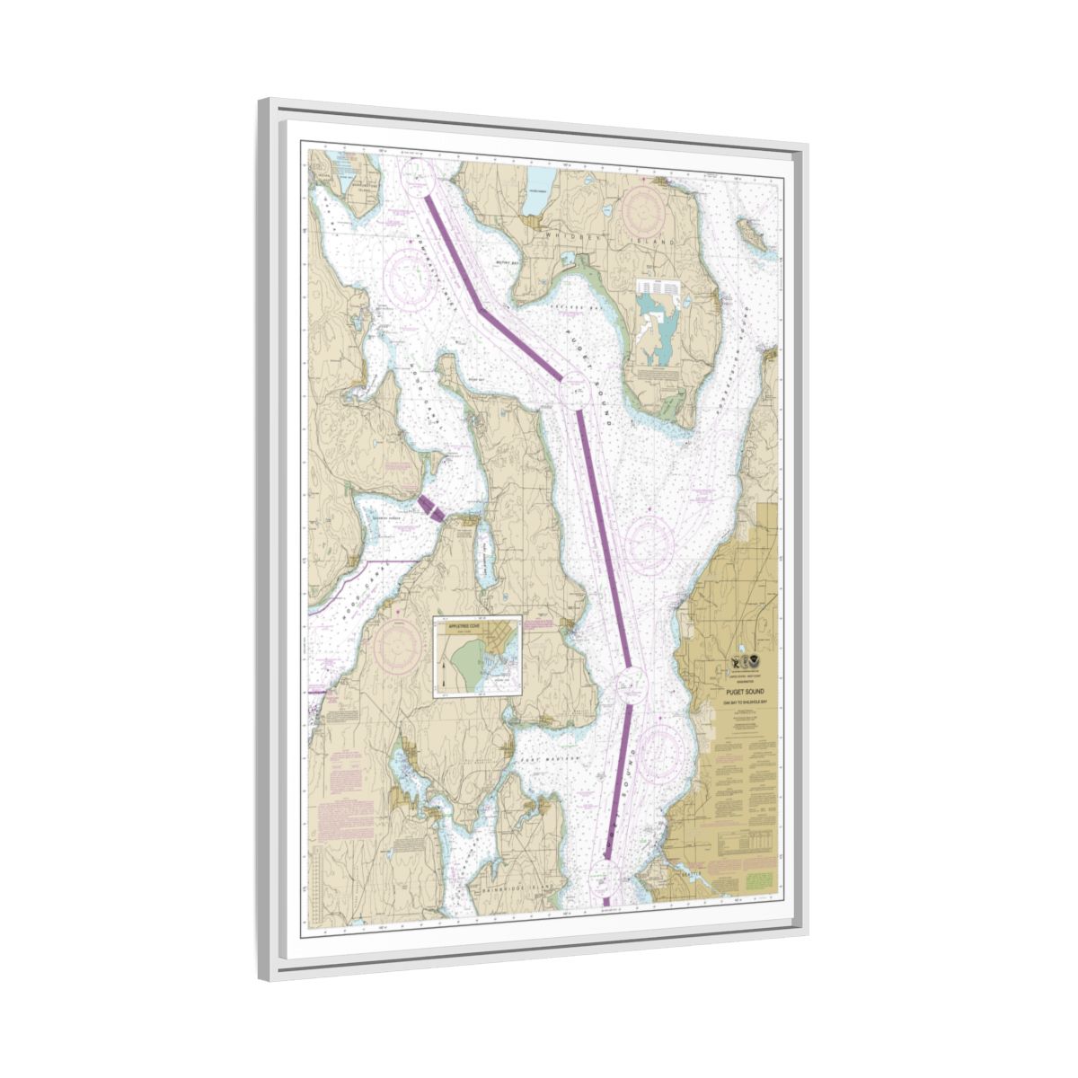 Chart 18473 Puget Sound-Oak Bay to Shilshole Bay - NOAA Nautical Chart Floating Frame Canvas | 24" x 32" | 30" x 40" - White side