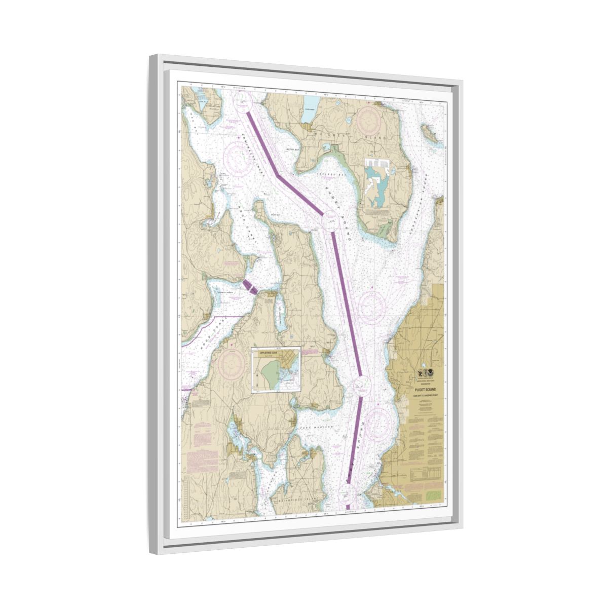 Chart 18473 Puget Sound-Oak Bay to Shilshole Bay - NOAA Nautical Chart Floating Frame Canvas | 24" x 32" | 30" x 40" - White side