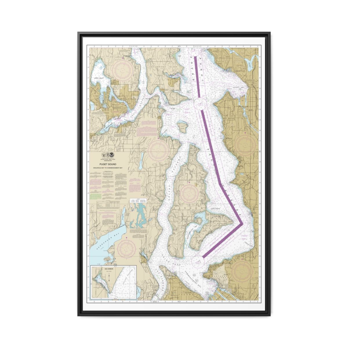 Chart 18474 Puget Sound-Shilshole Bay to Commencement Bay - NOAA Nautical Chart Floating Frame Canvas | 20" x 30" | 24" x 36" | 32" x 48" - Black front