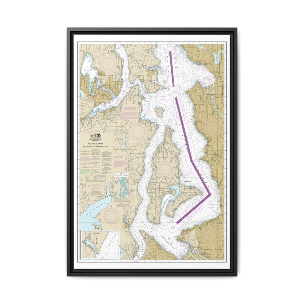 Chart 18474 Puget Sound-Shilshole Bay to Commencement Bay - NOAA Nautical Chart Floating Frame Canvas | 20" x 30" | 24" x 36" | 32" x 48" - Black front