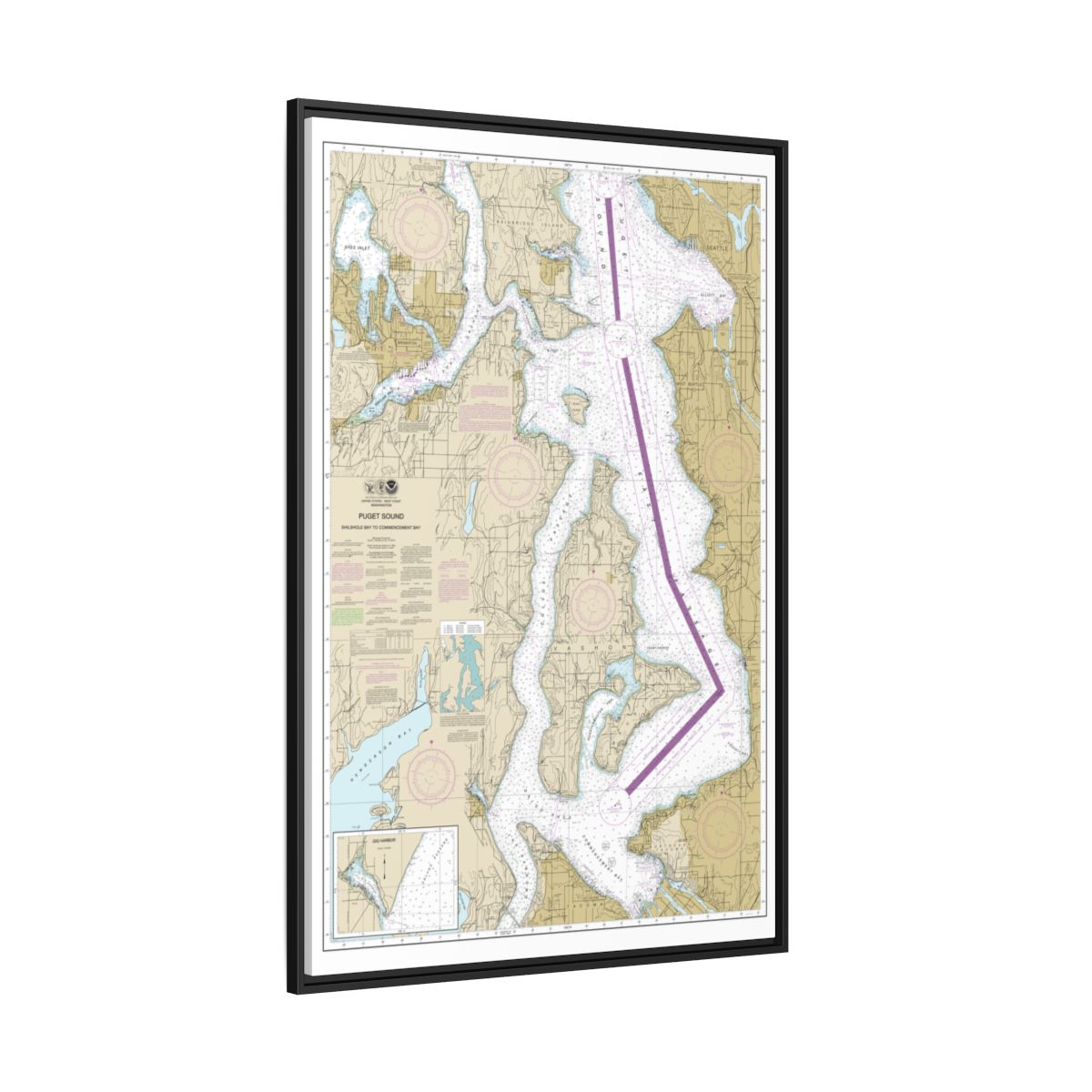 Chart 18474 Puget Sound-Shilshole Bay to Commencement Bay - NOAA Nautical Chart Floating Frame Canvas | 20" x 30" | 24" x 36" | 32" x 48" - Black side