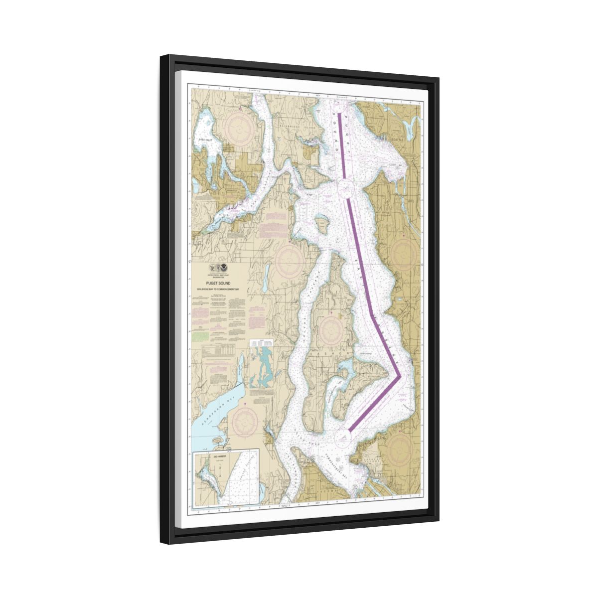 Chart 18474 Puget Sound-Shilshole Bay to Commencement Bay - NOAA Nautical Chart Floating Frame Canvas | 20" x 30" | 24" x 36" | 32" x 48" - Black side