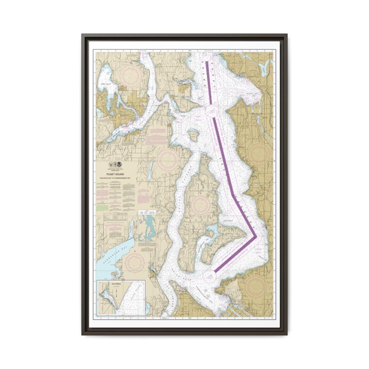 Chart 18474 Puget Sound-Shilshole Bay to Commencement Bay - NOAA Nautical Chart Floating Frame Canvas | 20" x 30" | 24" x 36" | 32" x 48" - Espresso front