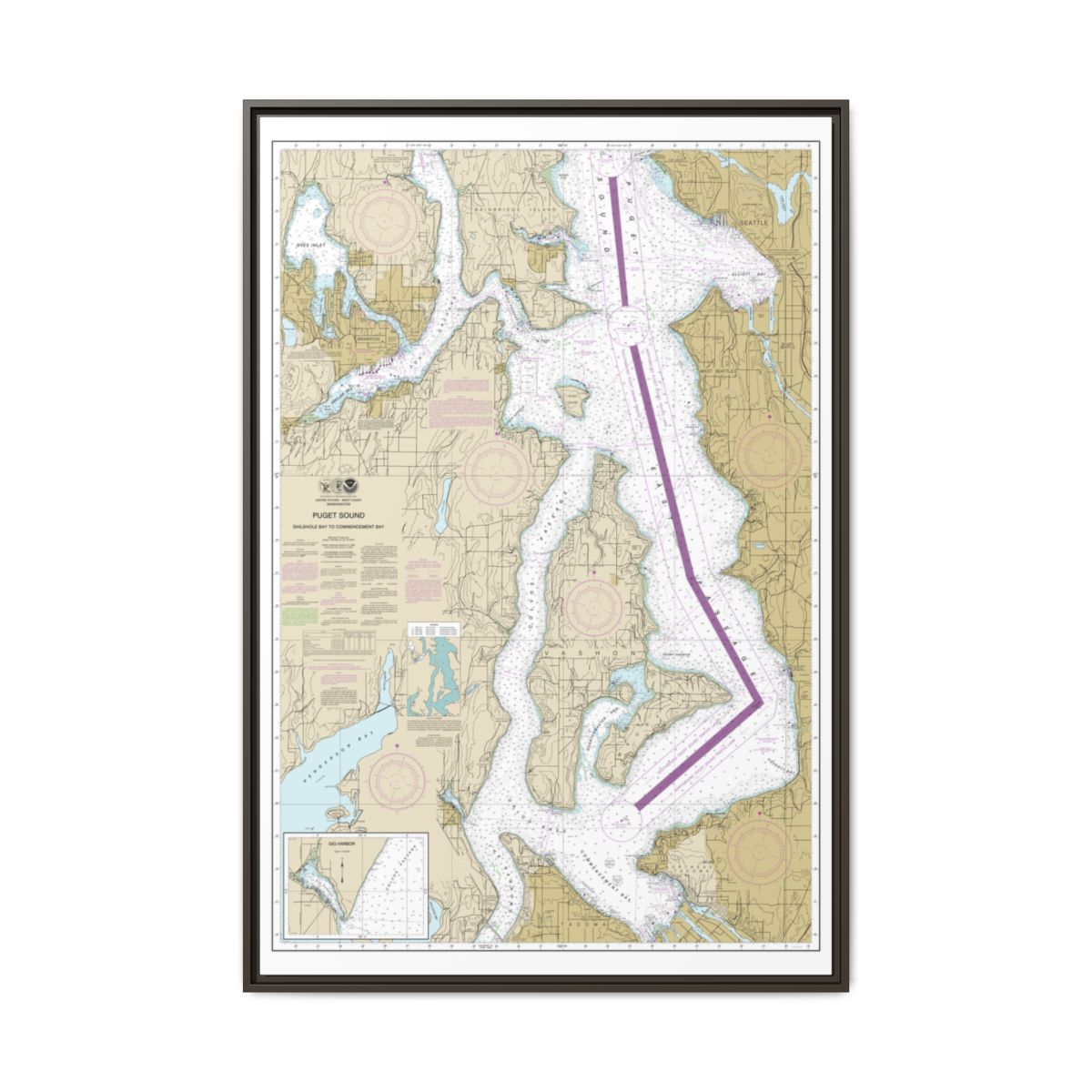 Chart 18474 Puget Sound-Shilshole Bay to Commencement Bay - NOAA Nautical Chart Floating Frame Canvas | 20" x 30" | 24" x 36" | 32" x 48" - Espresso front
