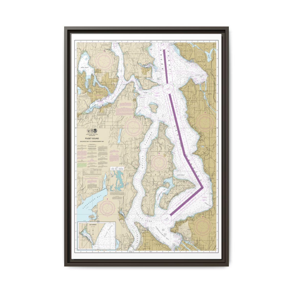 Chart 18474 Puget Sound-Shilshole Bay to Commencement Bay - NOAA Nautical Chart Floating Frame Canvas | 20" x 30" | 24" x 36" | 32" x 48" - Espresso front
