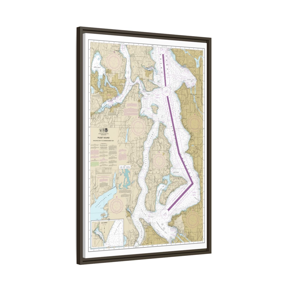Chart 18474 Puget Sound-Shilshole Bay to Commencement Bay - NOAA Nautical Chart Floating Frame Canvas | 20" x 30" | 24" x 36" | 32" x 48" - Espresso side