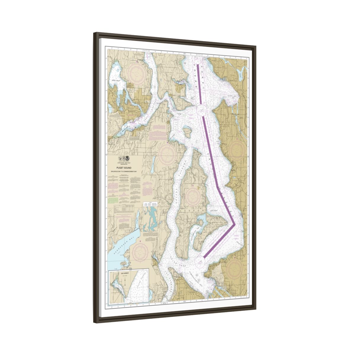 Chart 18474 Puget Sound-Shilshole Bay to Commencement Bay - NOAA Nautical Chart Floating Frame Canvas | 20" x 30" | 24" x 36" | 32" x 48" - Espresso side