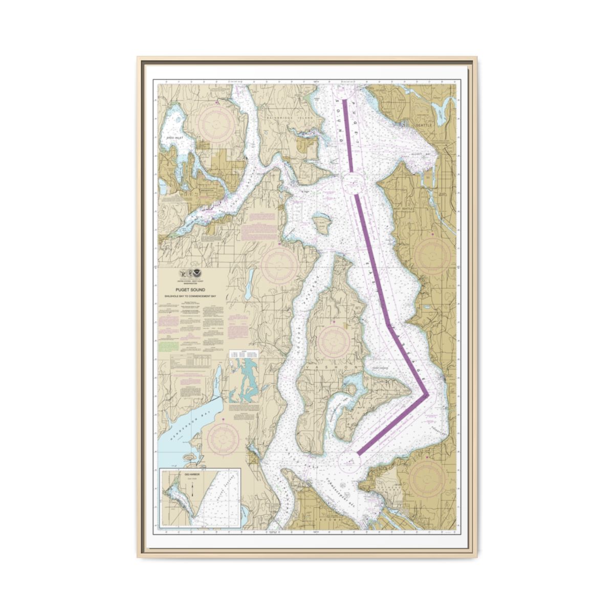Chart 18474 Puget Sound-Shilshole Bay to Commencement Bay - NOAA Nautical Chart Floating Frame Canvas | 20" x 30" | 24" x 36" | 32" x 48" - Natural front