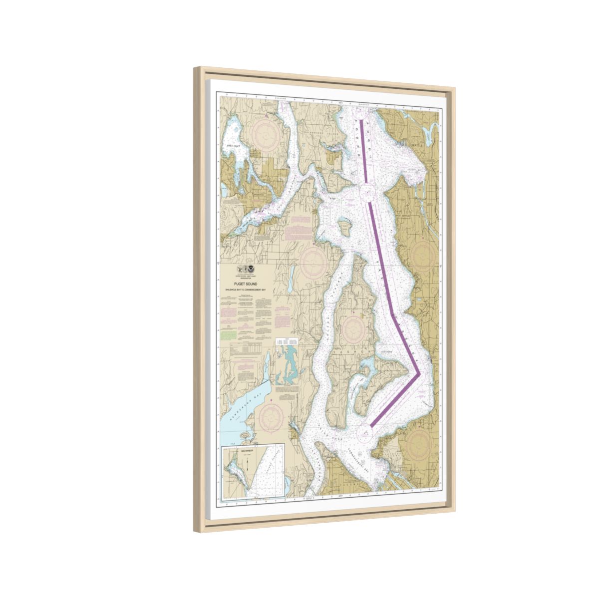 Chart 18474 Puget Sound-Shilshole Bay to Commencement Bay - NOAA Nautical Chart Floating Frame Canvas | 20" x 30" | 24" x 36" | 32" x 48" - Natural side