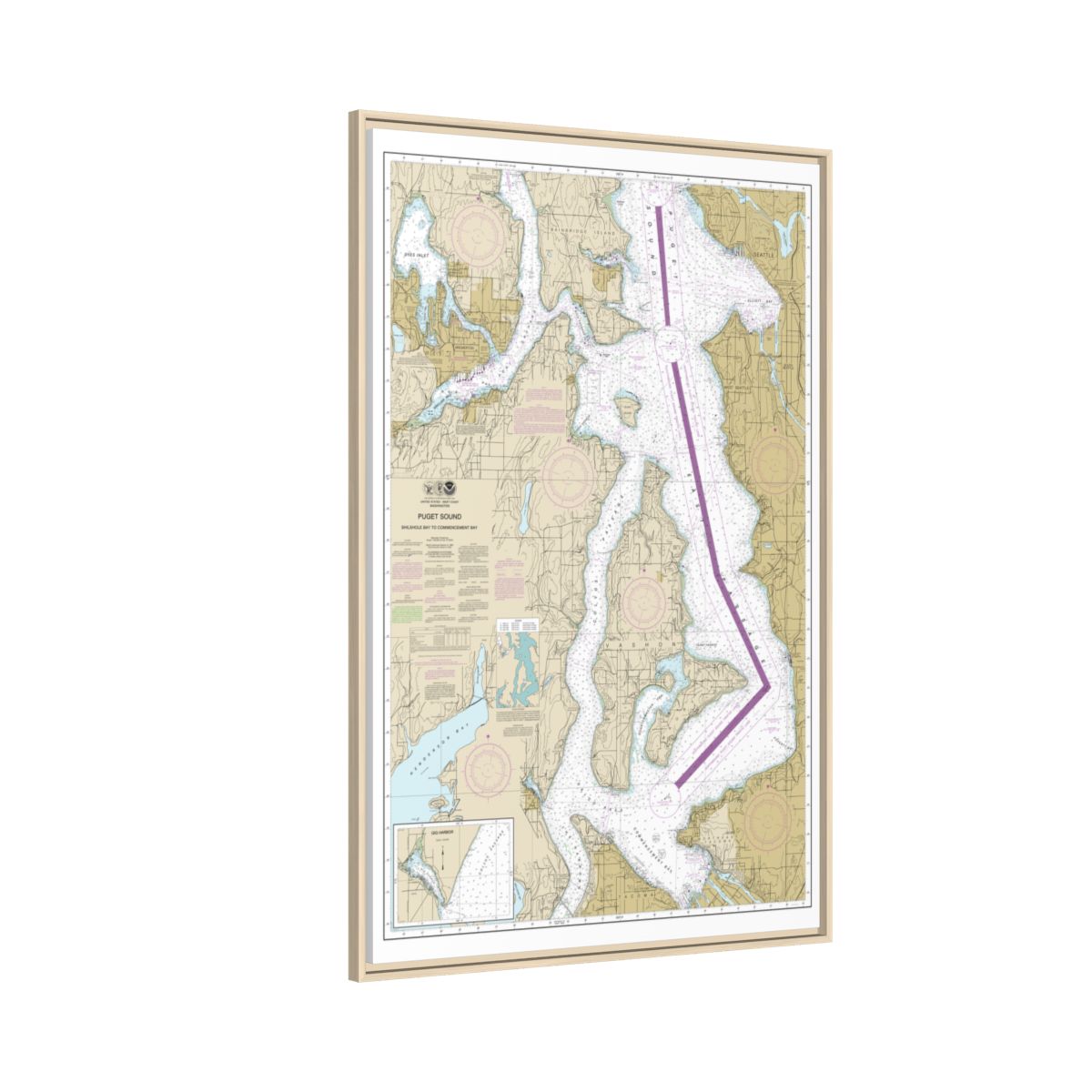 Chart 18474 Puget Sound-Shilshole Bay to Commencement Bay - NOAA Nautical Chart Floating Frame Canvas | 20" x 30" | 24" x 36" | 32" x 48" - Natural side