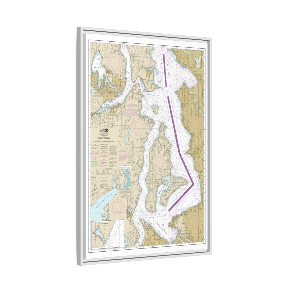 Chart 18474 Puget Sound-Shilshole Bay to Commencement Bay - NOAA Nautical Chart Floating Frame Canvas | 20" x 30" | 24" x 36" | 32" x 48" - White side