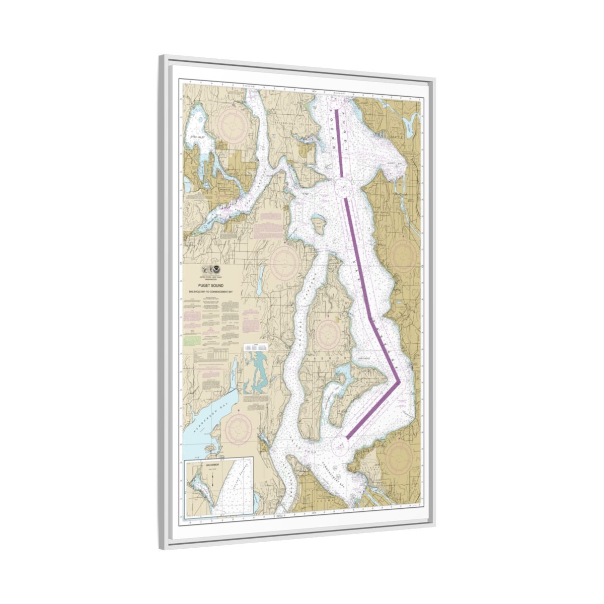 Chart 18474 Puget Sound-Shilshole Bay to Commencement Bay - NOAA Nautical Chart Floating Frame Canvas | 20" x 30" | 24" x 36" | 32" x 48" - White side