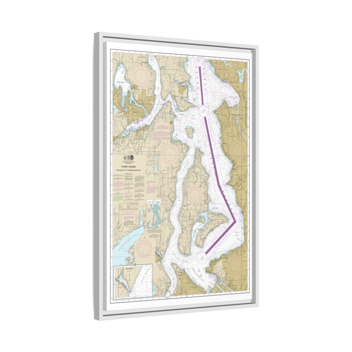 Chart 18474 Puget Sound-Shilshole Bay to Commencement Bay - NOAA Nautical Chart Floating Frame Canvas | 20" x 30" | 24" x 36" | 32" x 48" - White side