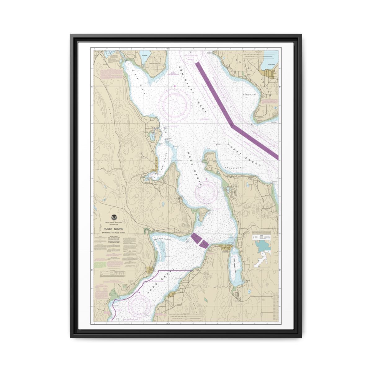 Chart 18477 Puget Sound-Entrance to Hood Canal - NOAA Nautical Chart Floating Frame Canvas | 24" x 32" | 30" x 40" - Black front