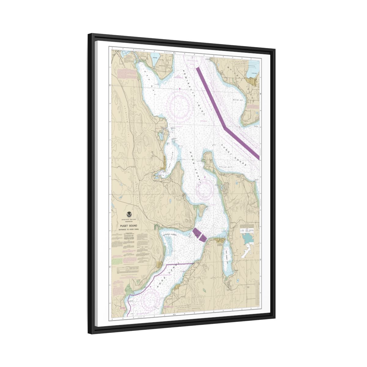 Chart 18477 Puget Sound-Entrance to Hood Canal - NOAA Nautical Chart Floating Frame Canvas | 24" x 32" | 30" x 40" - Black side
