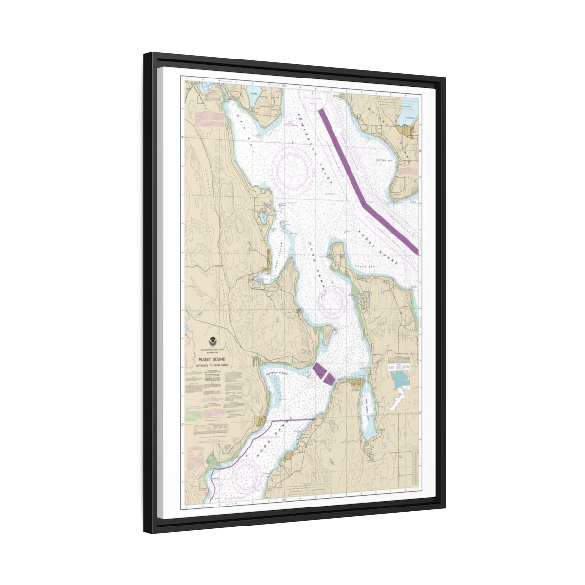Chart 18477 Puget Sound-Entrance to Hood Canal - NOAA Nautical Chart Floating Frame Canvas | 24" x 32" | 30" x 40" - Black side