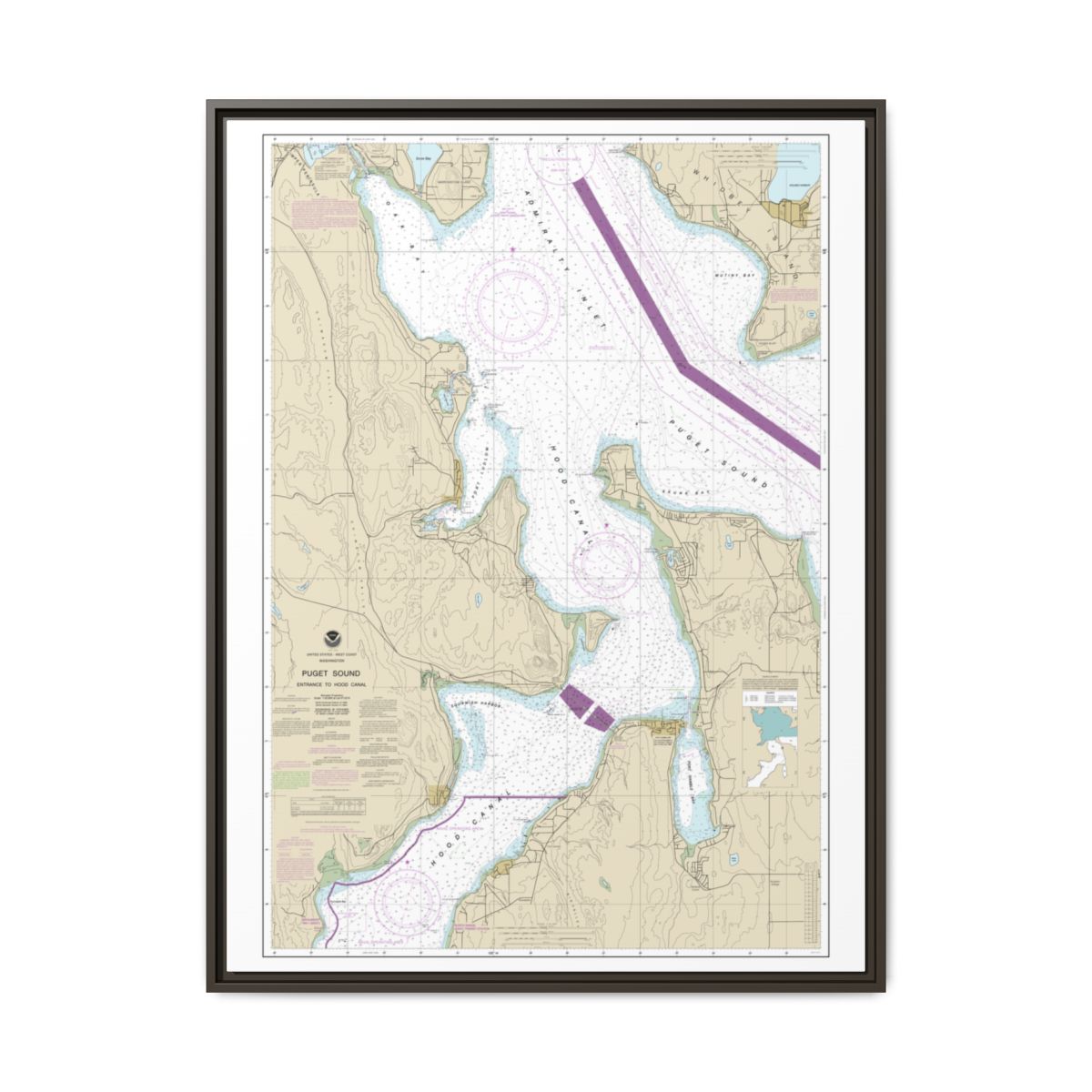 Chart 18477 Puget Sound-Entrance to Hood Canal - NOAA Nautical Chart Floating Frame Canvas | 24" x 32" | 30" x 40" - Espresso front
