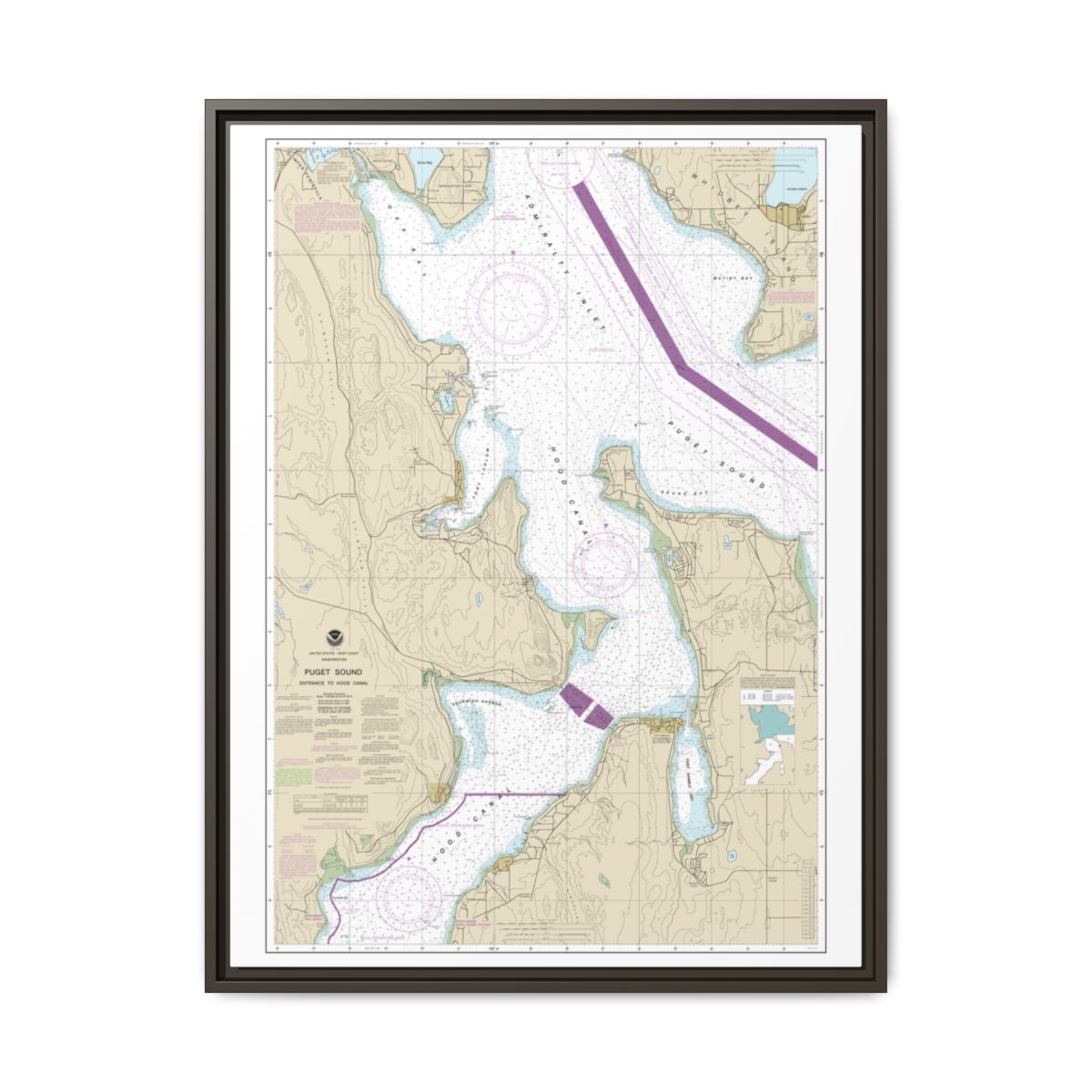 Chart 18477 Puget Sound-Entrance to Hood Canal - NOAA Nautical Chart Floating Frame Canvas | 24" x 32" | 30" x 40" - Espresso front