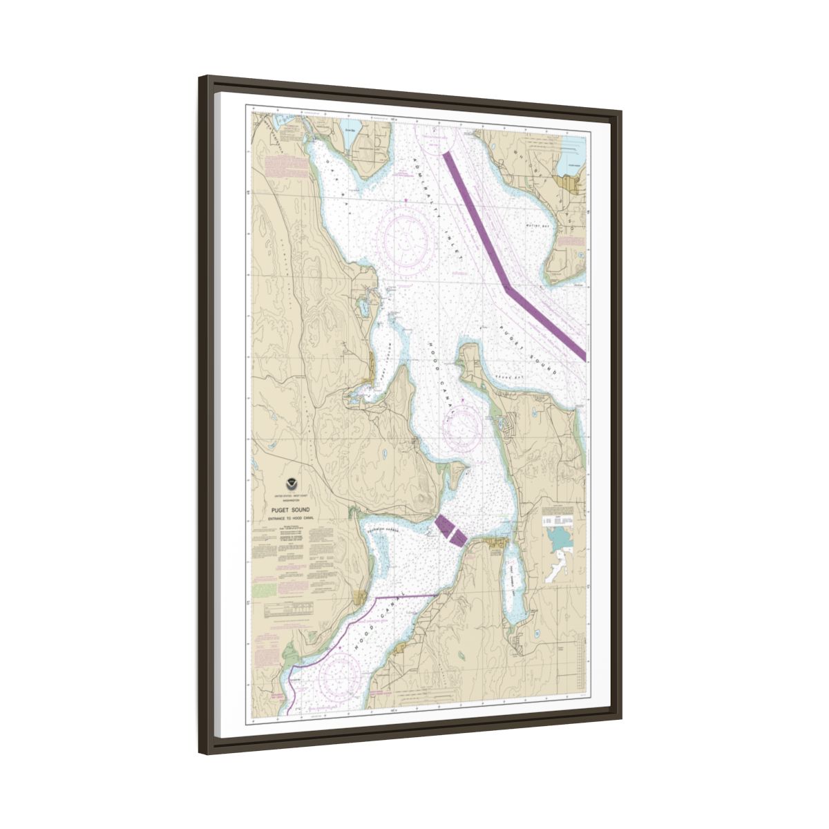 Chart 18477 Puget Sound-Entrance to Hood Canal - NOAA Nautical Chart Floating Frame Canvas | 24" x 32" | 30" x 40" - Espresso side