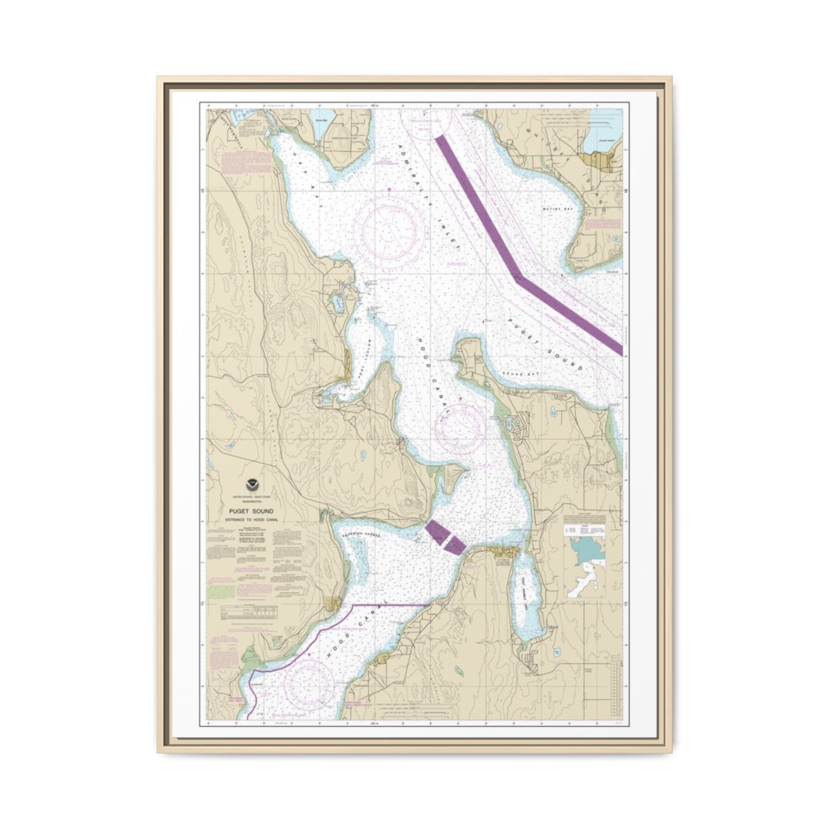 Chart 18477 Puget Sound-Entrance to Hood Canal - NOAA Nautical Chart Floating Frame Canvas | 24" x 32" | 30" x 40" - Natural front