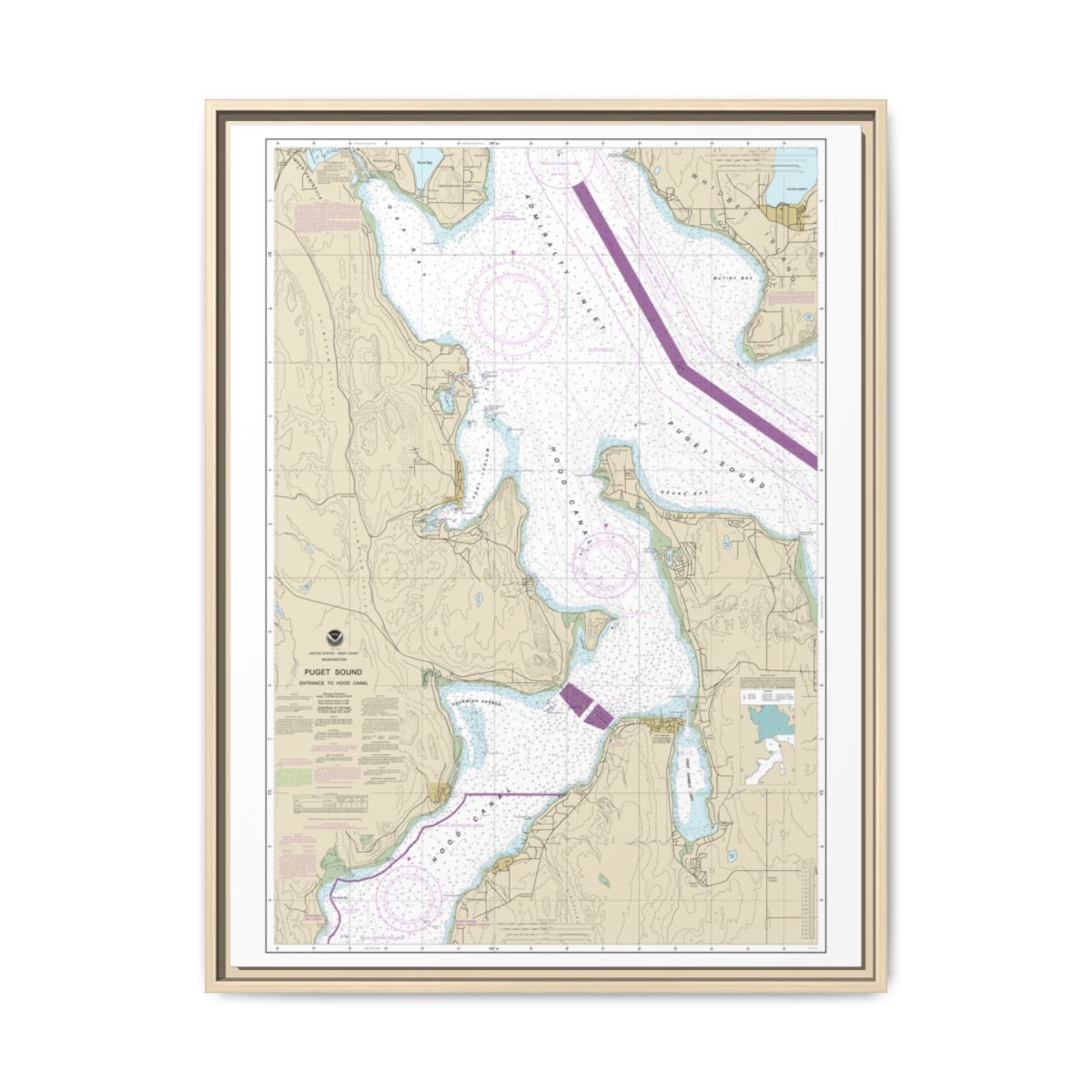 Chart 18477 Puget Sound-Entrance to Hood Canal - NOAA Nautical Chart Floating Frame Canvas | 24" x 32" | 30" x 40" - Natural front