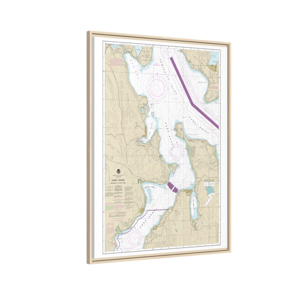 Chart 18477 Puget Sound-Entrance to Hood Canal - NOAA Nautical Chart Floating Frame Canvas | 24" x 32" | 30" x 40" - Natural side