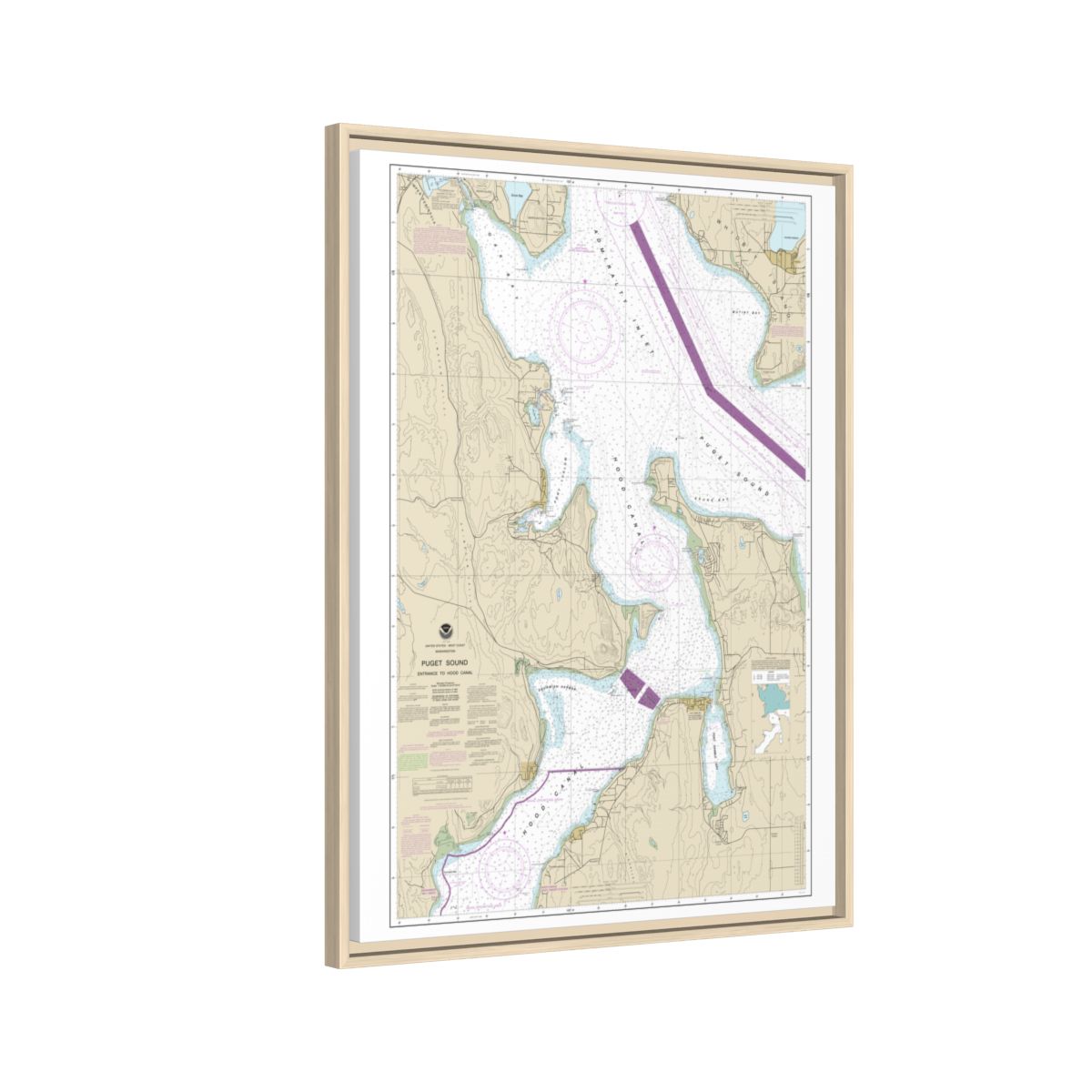 Chart 18477 Puget Sound-Entrance to Hood Canal - NOAA Nautical Chart Floating Frame Canvas | 24" x 32" | 30" x 40" - Natural side