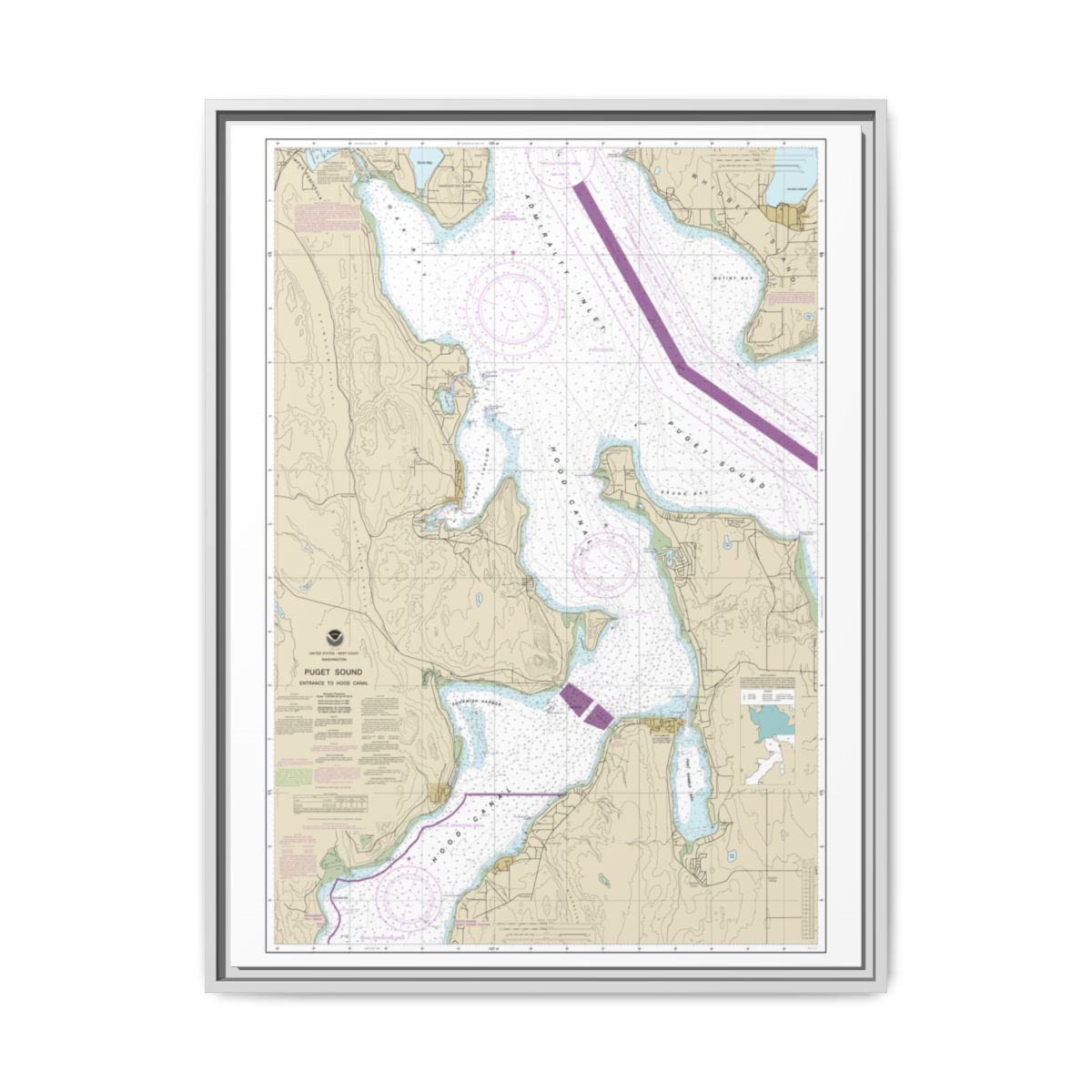Chart 18477 Puget Sound-Entrance to Hood Canal - NOAA Nautical Chart Floating Frame Canvas | 24" x 32" | 30" x 40" - White front