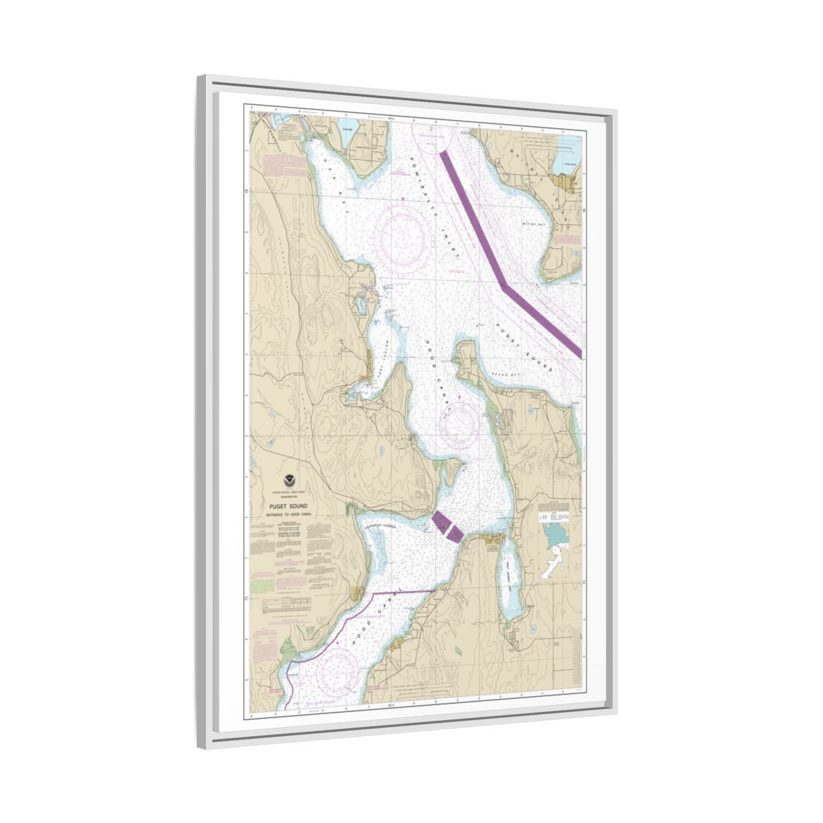 Chart 18477 Puget Sound-Entrance to Hood Canal - NOAA Nautical Chart Floating Frame Canvas | 24" x 32" | 30" x 40" - White side