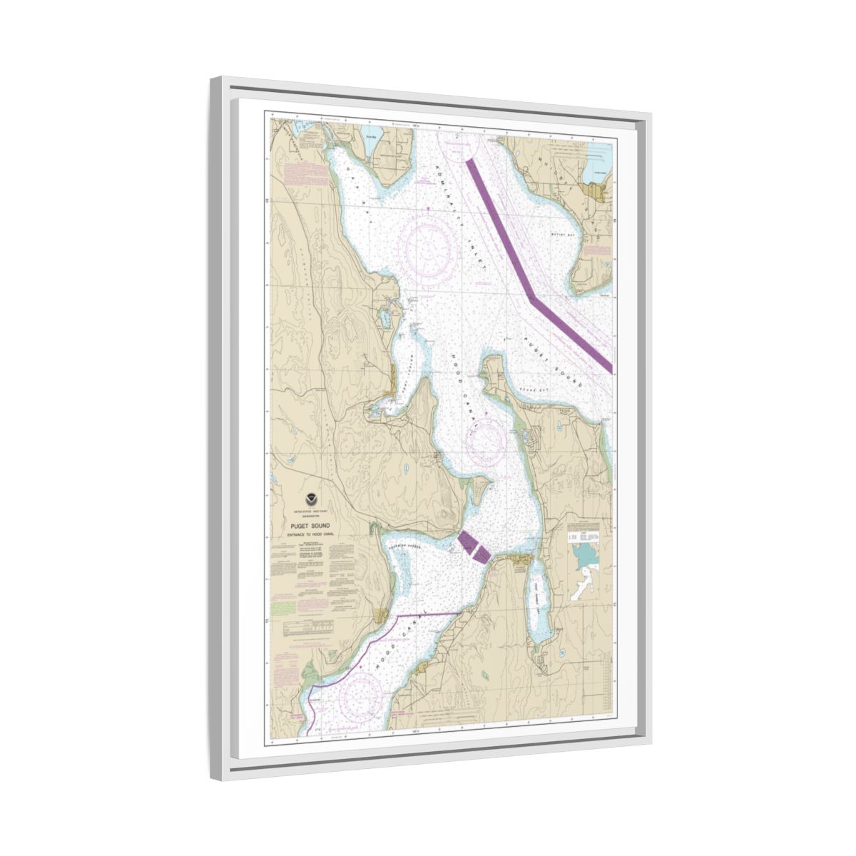 Chart 18477 Puget Sound-Entrance to Hood Canal - NOAA Nautical Chart Floating Frame Canvas | 24" x 32" | 30" x 40" - White side