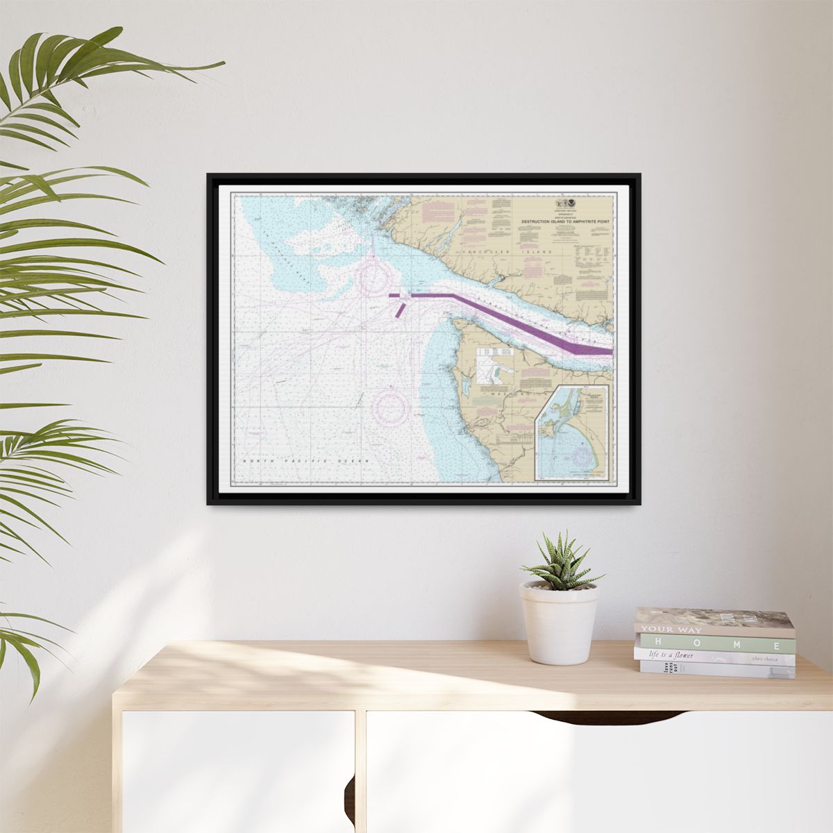 Chart 18480 Approaches to Strait of Juan de Fuca Destruction lsland to Amphitrite Point - NOAA Nautical Chart Floating Frame Canvas | 32" x 24" | 40" x 30" - Black context-1