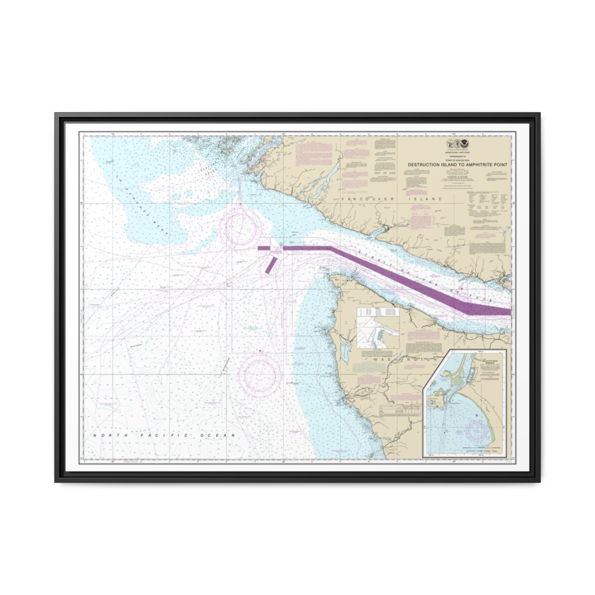 Chart 18480 Approaches to Strait of Juan de Fuca Destruction lsland to Amphitrite Point - NOAA Nautical Chart Floating Frame Canvas | 32" x 24" | 40" x 30" - Black front