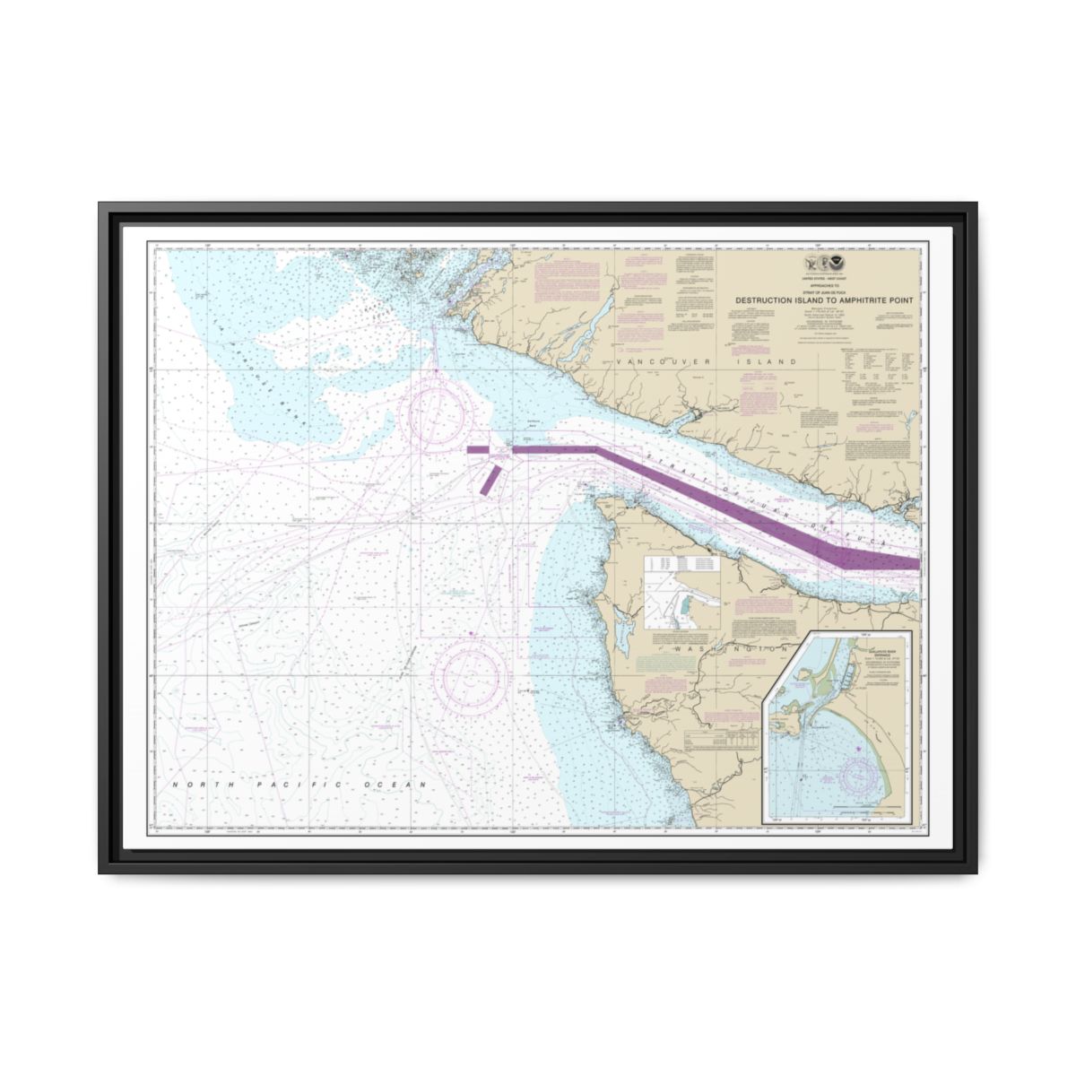 Chart 18480 Approaches to Strait of Juan de Fuca Destruction lsland to Amphitrite Point - NOAA Nautical Chart Floating Frame Canvas | 32" x 24" | 40" x 30" - Black front