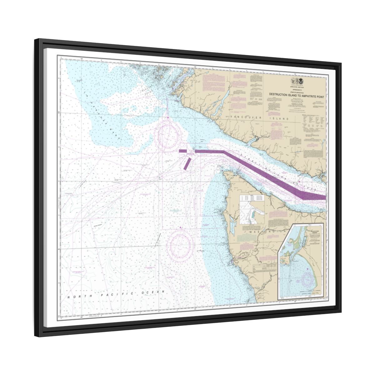 Chart 18480 Approaches to Strait of Juan de Fuca Destruction lsland to Amphitrite Point - NOAA Nautical Chart Floating Frame Canvas | 32" x 24" | 40" x 30" - Black side