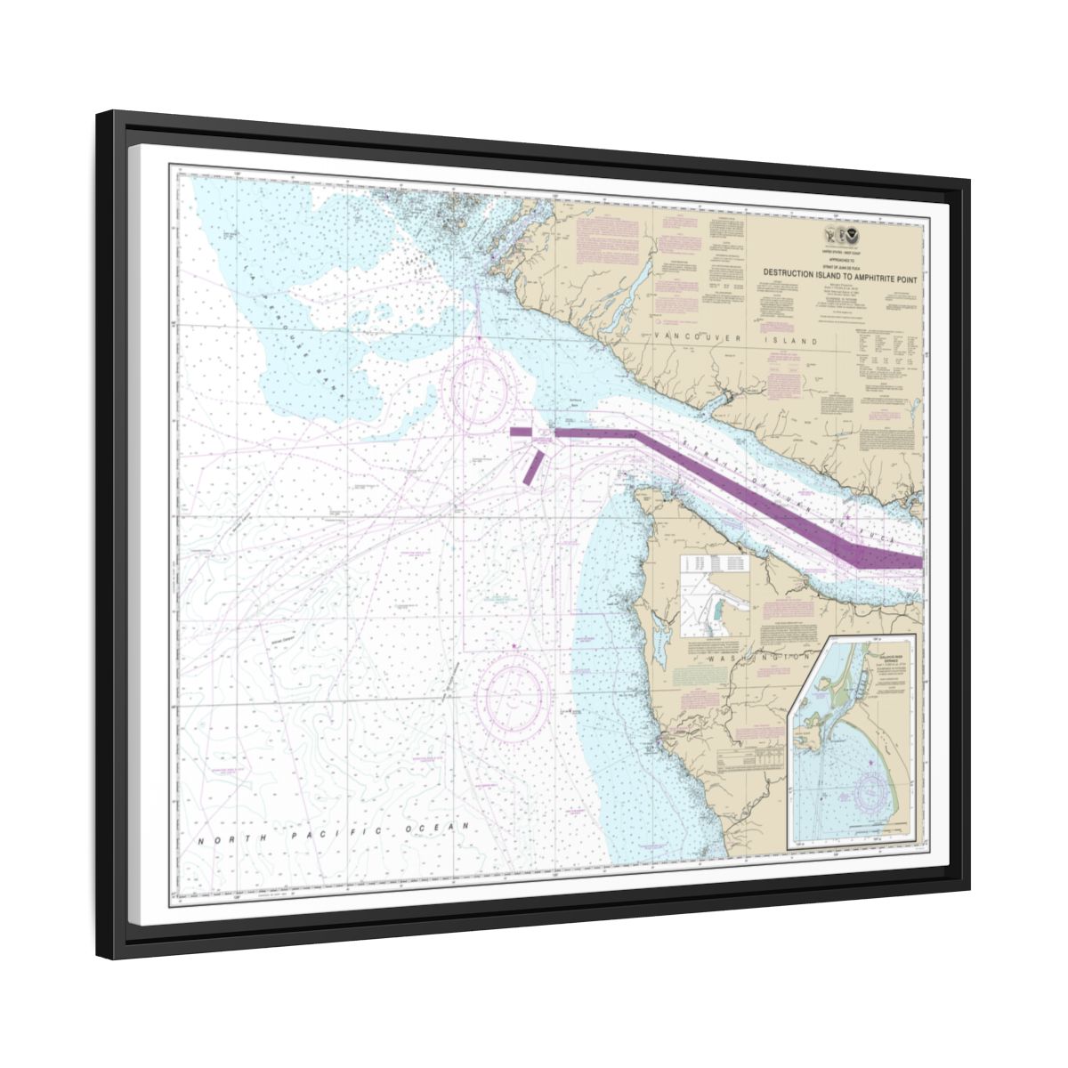 Chart 18480 Approaches to Strait of Juan de Fuca Destruction lsland to Amphitrite Point - NOAA Nautical Chart Floating Frame Canvas | 32" x 24" | 40" x 30" - Black side