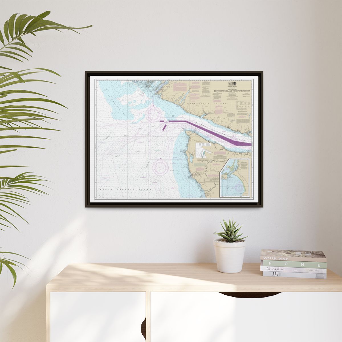 Chart 18480 Approaches to Strait of Juan de Fuca Destruction lsland to Amphitrite Point - NOAA Nautical Chart Floating Frame Canvas | 32" x 24" | 40" x 30" - Espresso context-1