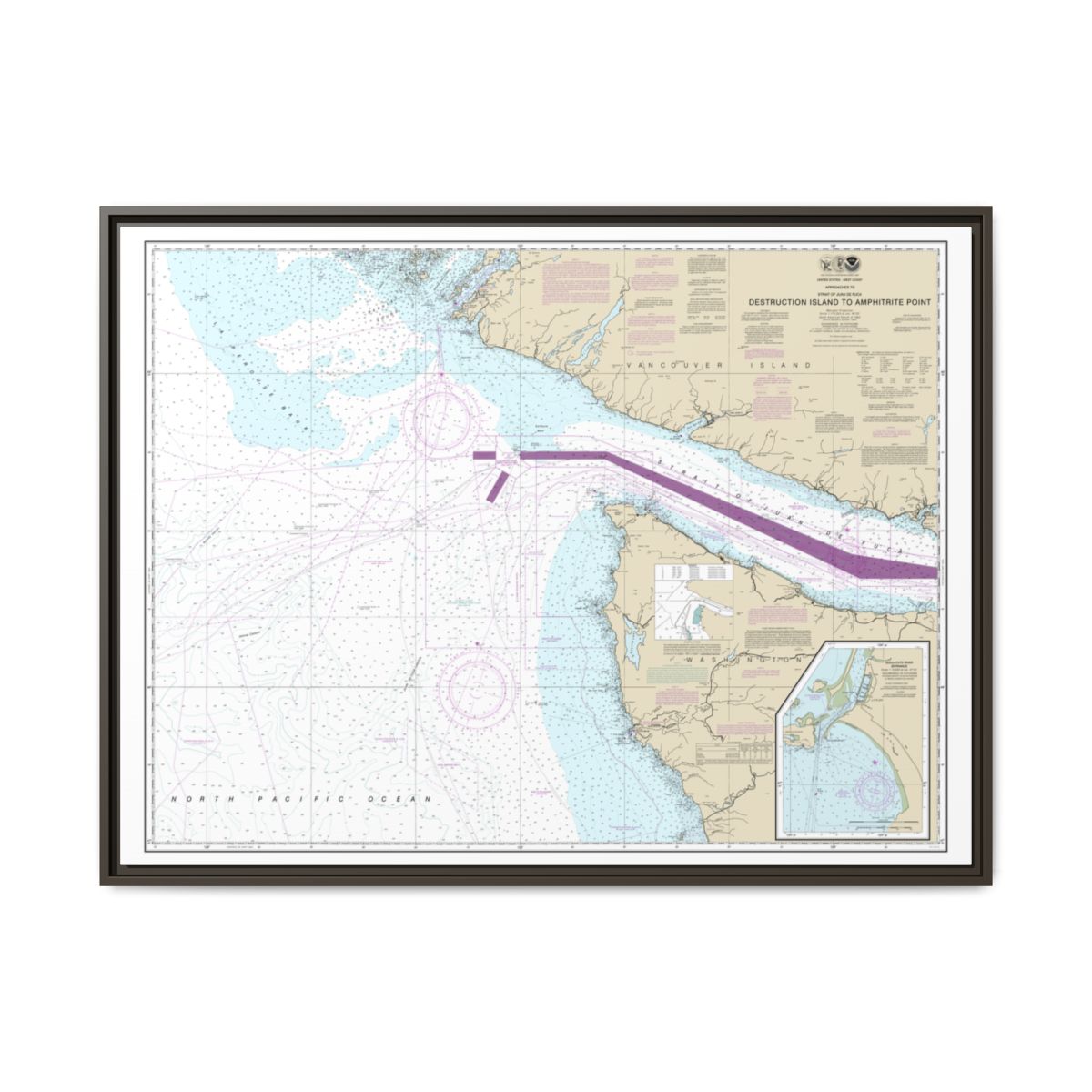 Chart 18480 Approaches to Strait of Juan de Fuca Destruction lsland to Amphitrite Point - NOAA Nautical Chart Floating Frame Canvas | 32" x 24" | 40" x 30" - Espresso front