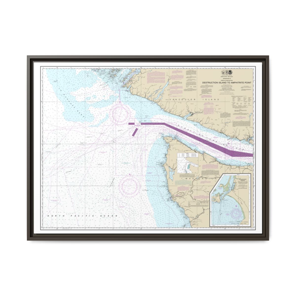Chart 18480 Approaches to Strait of Juan de Fuca Destruction lsland to Amphitrite Point - NOAA Nautical Chart Floating Frame Canvas | 32" x 24" | 40" x 30" - Espresso front