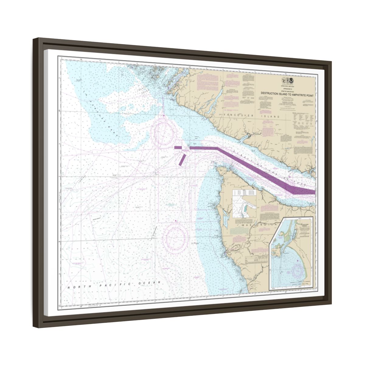 Chart 18480 Approaches to Strait of Juan de Fuca Destruction lsland to Amphitrite Point - NOAA Nautical Chart Floating Frame Canvas | 32" x 24" | 40" x 30" - Espresso side