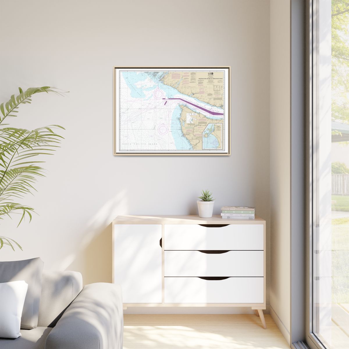 Chart 18480 Approaches to Strait of Juan de Fuca Destruction lsland to Amphitrite Point - NOAA Nautical Chart Floating Frame Canvas | 32" x 24" | 40" x 30" - Natural context-1