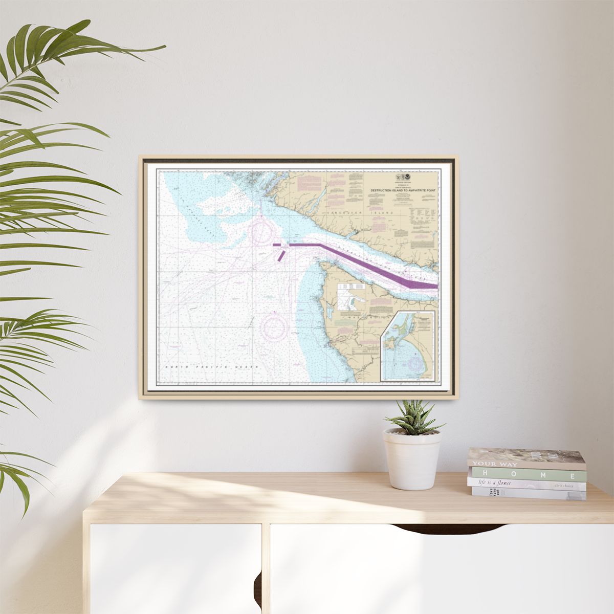 Chart 18480 Approaches to Strait of Juan de Fuca Destruction lsland to Amphitrite Point - NOAA Nautical Chart Floating Frame Canvas | 32" x 24" | 40" x 30" - Natural context-1