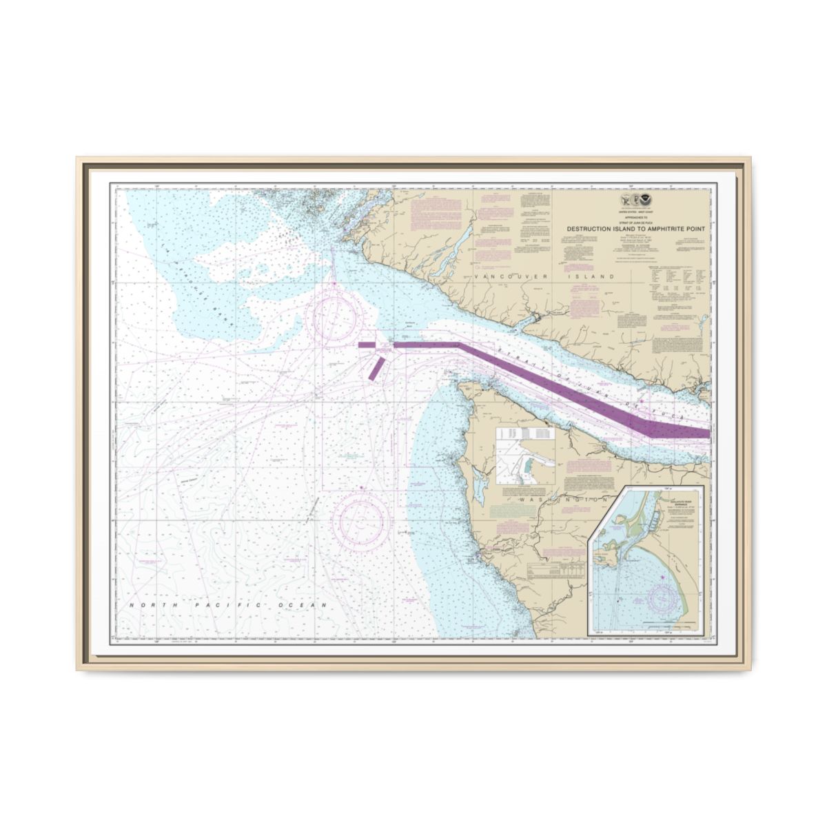 Chart 18480 Approaches to Strait of Juan de Fuca Destruction lsland to Amphitrite Point - NOAA Nautical Chart Floating Frame Canvas | 32" x 24" | 40" x 30" - Natural front