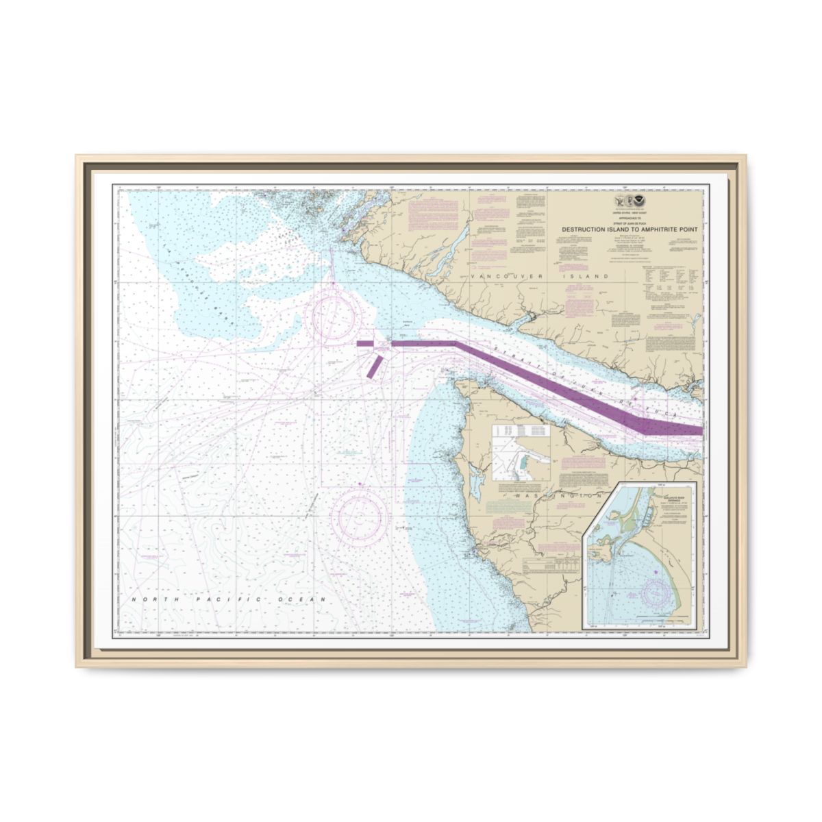 Chart 18480 Approaches to Strait of Juan de Fuca Destruction lsland to Amphitrite Point - NOAA Nautical Chart Floating Frame Canvas | 32" x 24" | 40" x 30" - Natural front