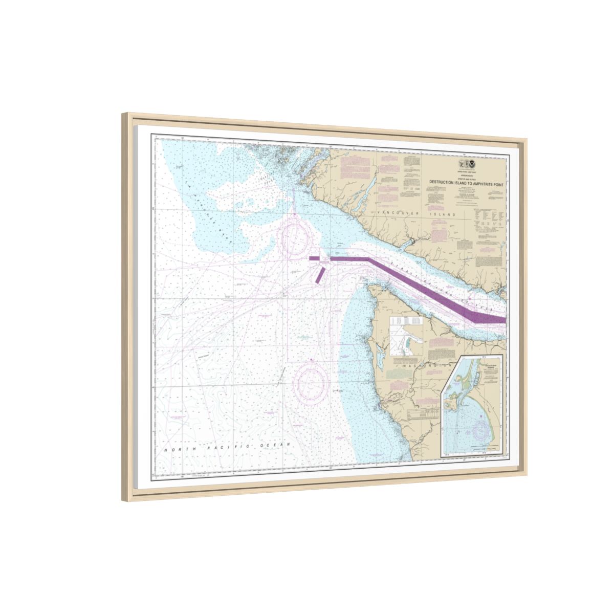 Chart 18480 Approaches to Strait of Juan de Fuca Destruction lsland to Amphitrite Point - NOAA Nautical Chart Floating Frame Canvas | 32" x 24" | 40" x 30" - Natural side