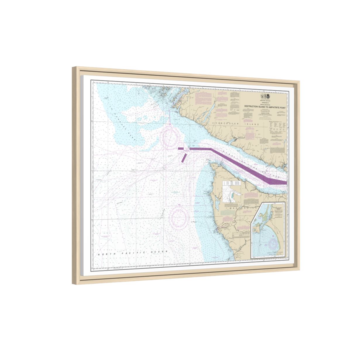 Chart 18480 Approaches to Strait of Juan de Fuca Destruction lsland to Amphitrite Point - NOAA Nautical Chart Floating Frame Canvas | 32" x 24" | 40" x 30" - Natural side