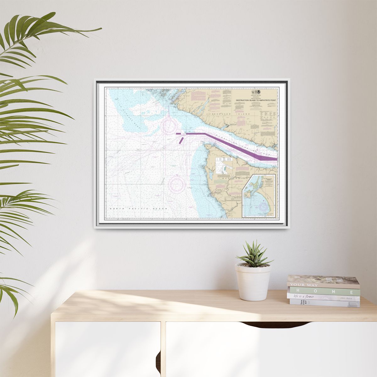 Chart 18480 Approaches to Strait of Juan de Fuca Destruction lsland to Amphitrite Point - NOAA Nautical Chart Floating Frame Canvas | 32" x 24" | 40" x 30" - White context-1