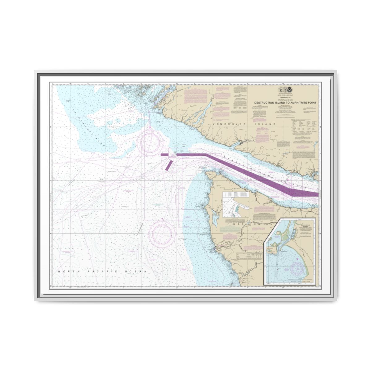 Chart 18480 Approaches to Strait of Juan de Fuca Destruction lsland to Amphitrite Point - NOAA Nautical Chart Floating Frame Canvas | 32" x 24" | 40" x 30" - White front